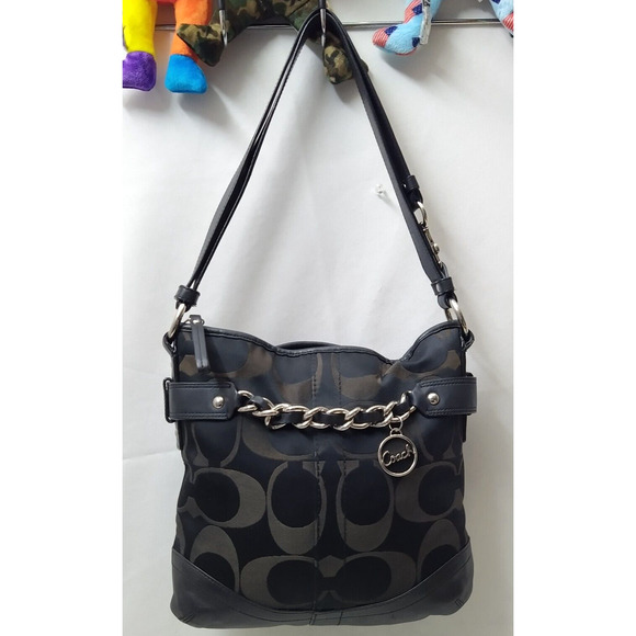 Coach Signature Black Canvas Zipper Closure Shoulder Bag - Picture 1 of 15